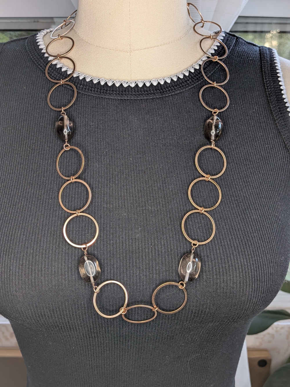 Smokey Quartz Glass Oval Bead Gold Tone Open Circle Link Statement Necklace